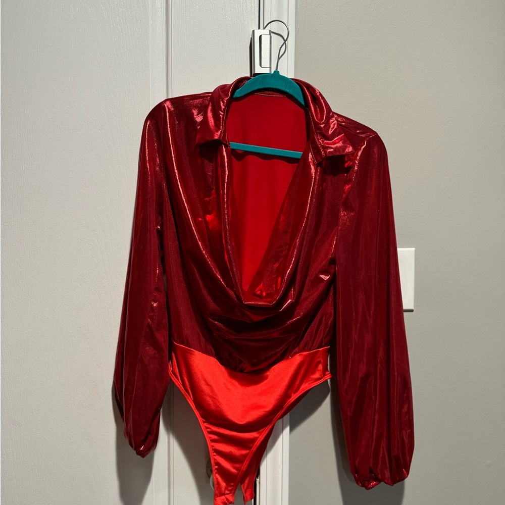 Cowl neck metallic bodysuit